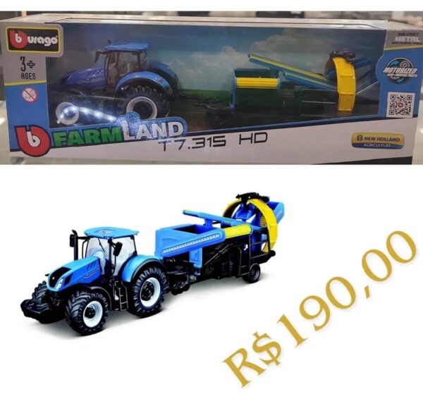 Trator New Holland T7.315 Hd + Cultivador – Miniatura Burago  1/50